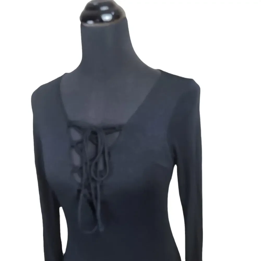 Lulu's Dress Size Large Lace Up Front Bodycon Long Sleeve Black Mini Dress - Picture 5 of 8